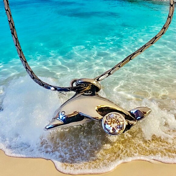 Dolphin Pendant & Necklace Sterling Silver CZ as is - Picture 2 of 10